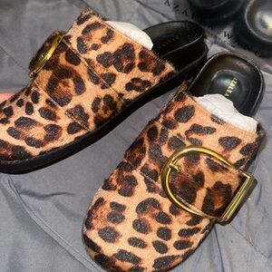 Azalea Wang Leopard Print Mules with Gold Buckle